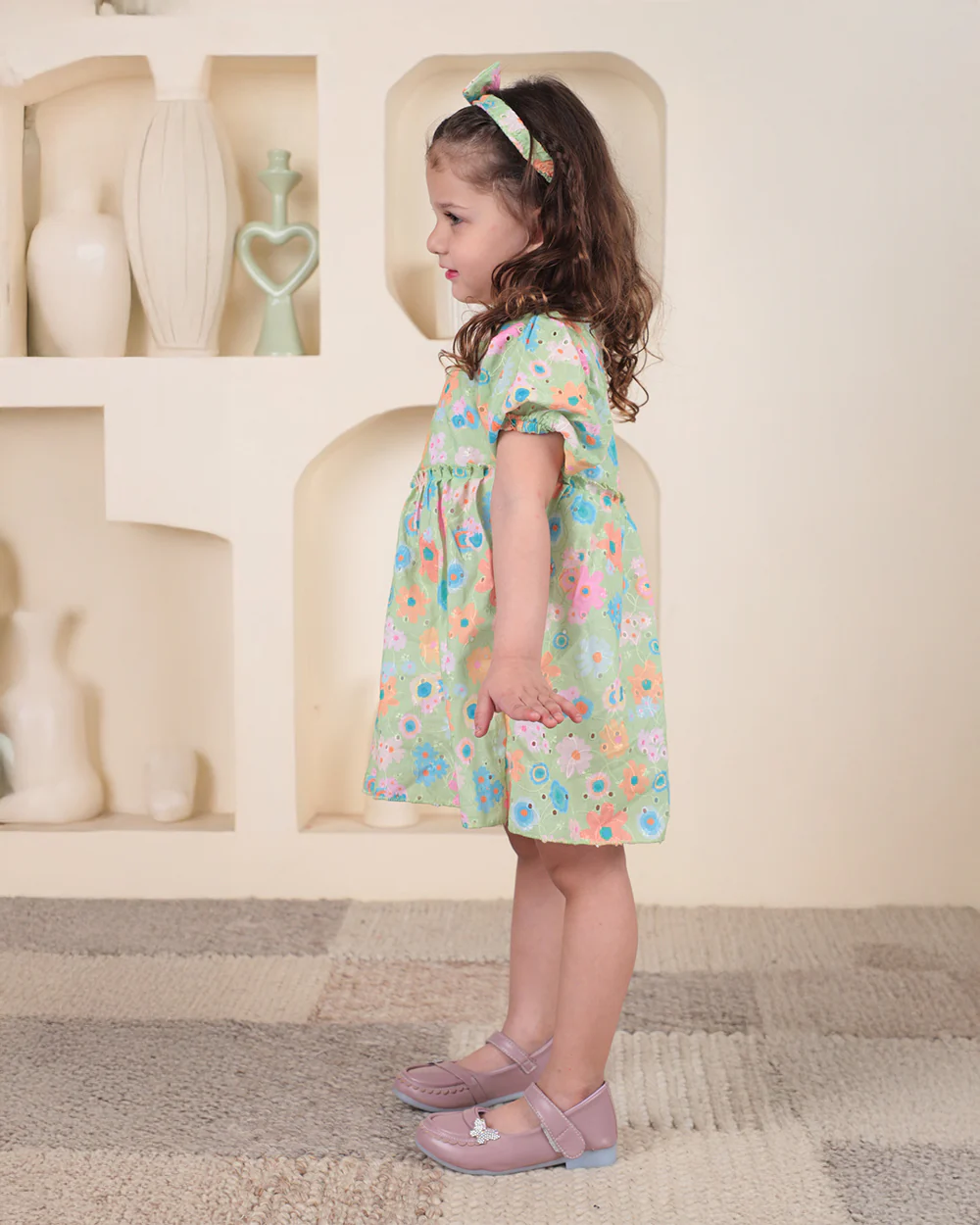 Polka Tots Green Frock with Headband-Floral Print-Cotton-For Infants - Image 4