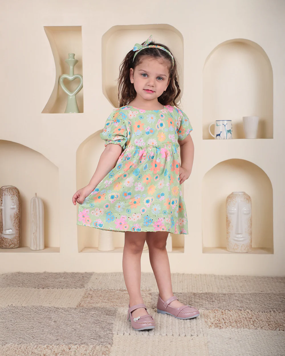 Polka Tots Green Frock with Headband-Floral Print-Cotton-For Infants - Image 6