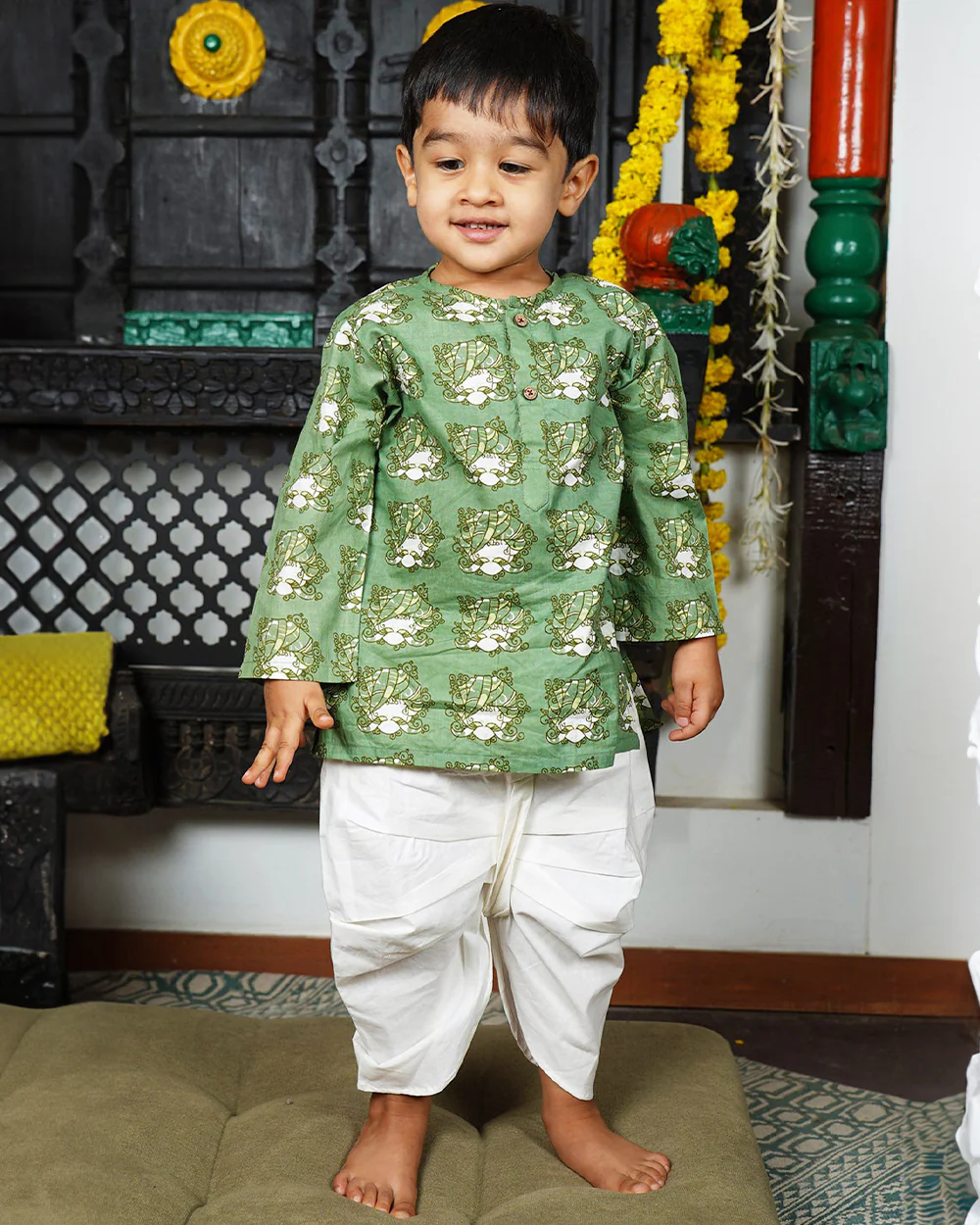 Polka Tots Green Kurta Dhoti Set-Printed-Cotton-For Infants - Image 3