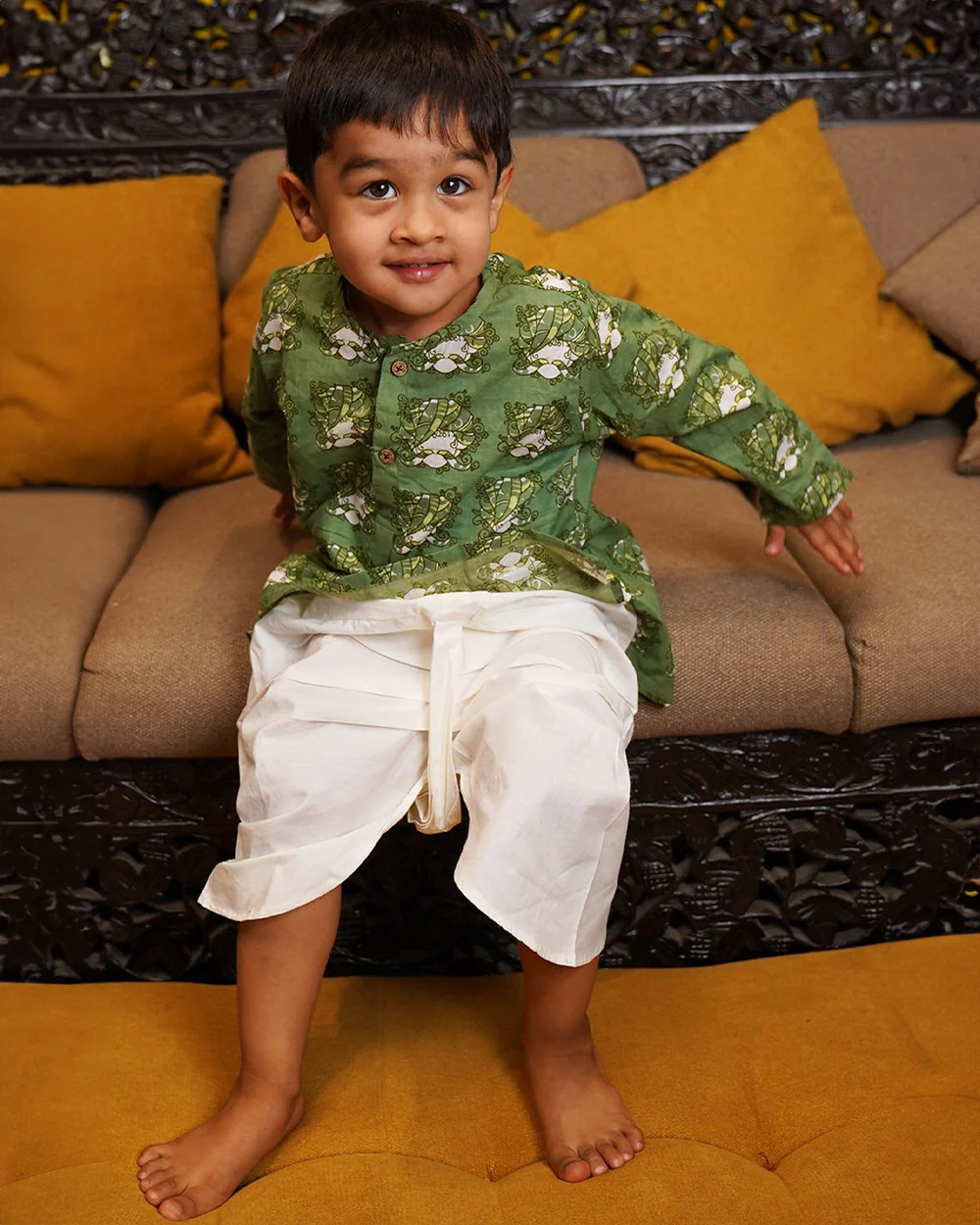 Polka Tots Green Kurta Dhoti Set-Printed-Cotton-For Infants - Image 4