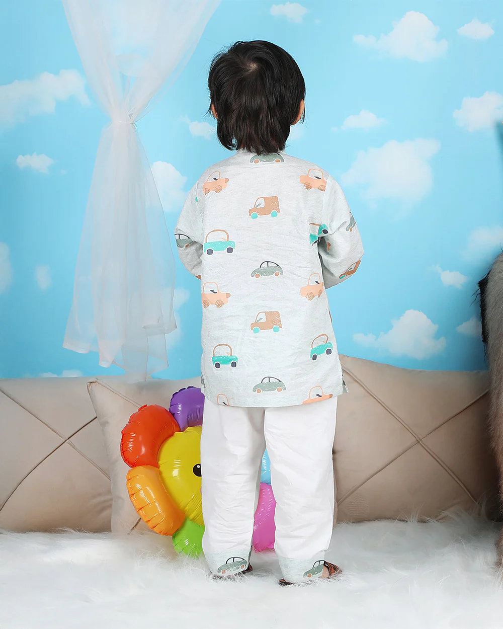 Polka Tots Green Nightsuit-Car Print-Cotton-For Infants - Image 2