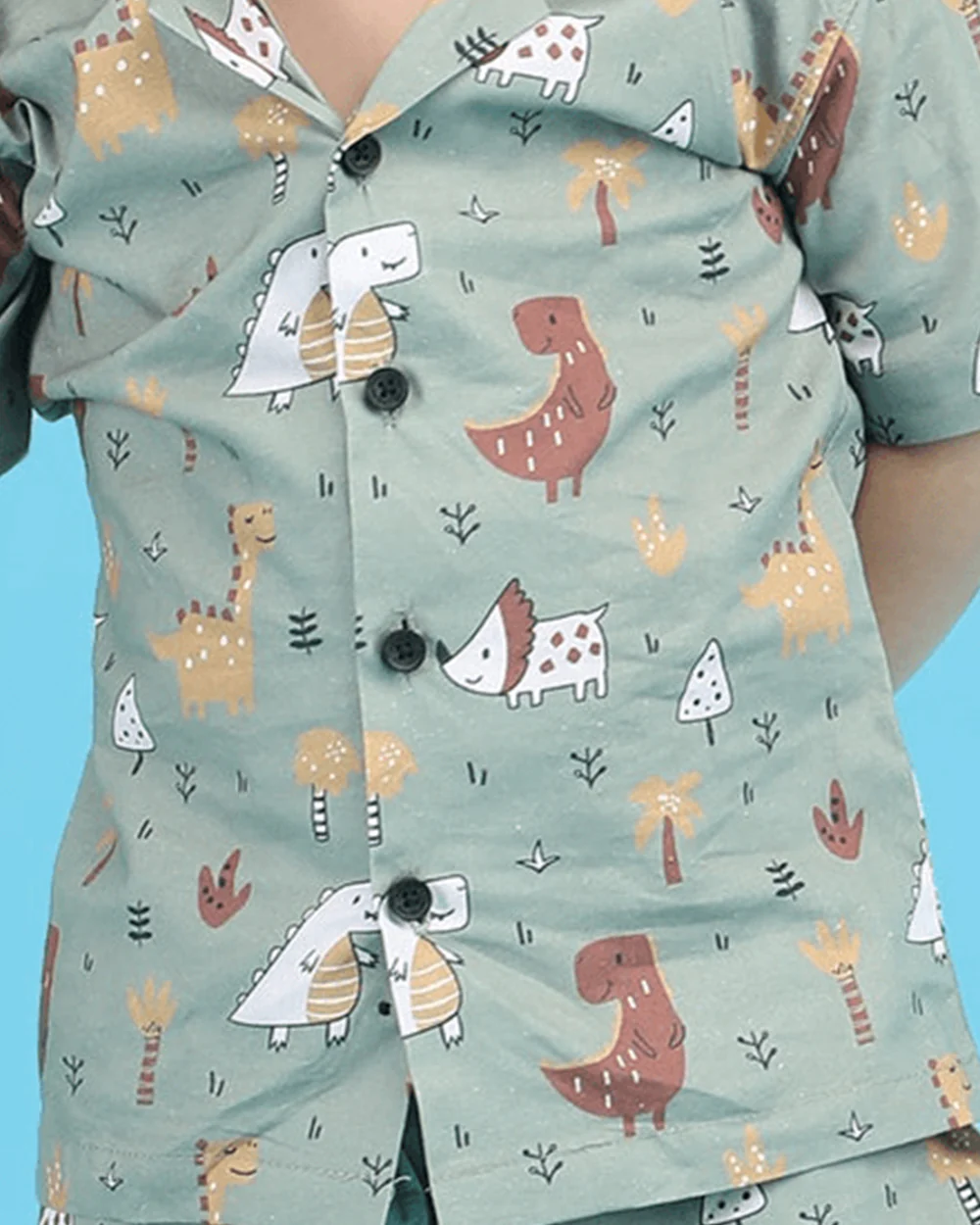 Polka Tots Green Shirt & Shorts Set-Dinosaur Print-Cotton-For Infants - Image 5