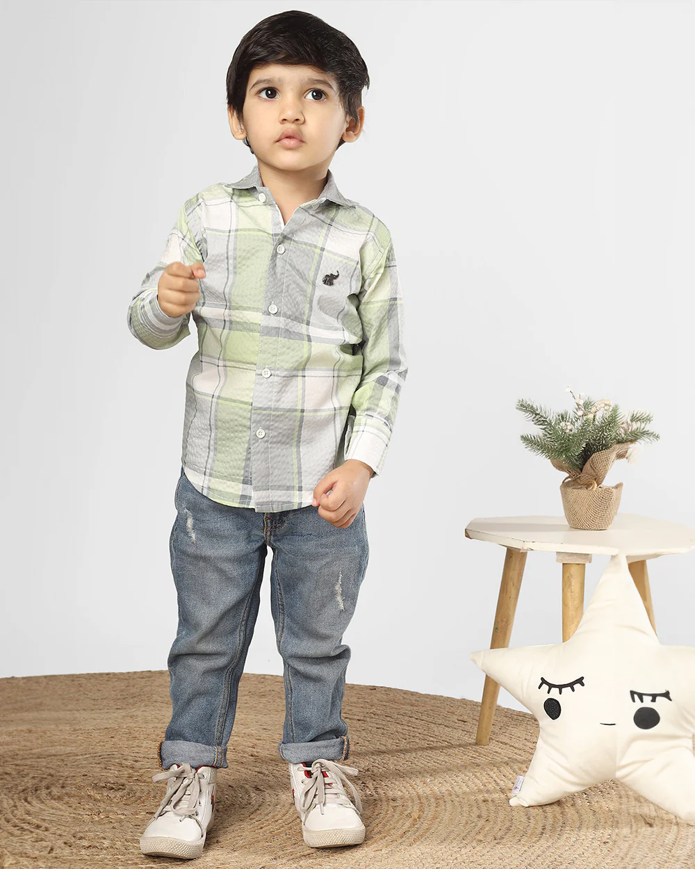 Polka Tots Green Shirt-Checkered-Cotton-For Infants - Image 2