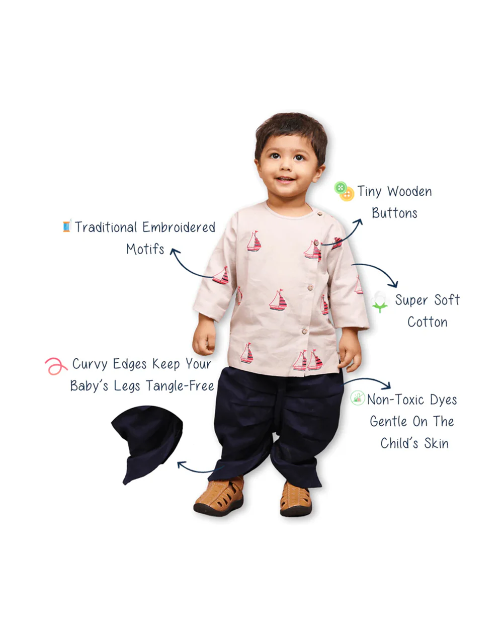 Polka Tots Grey & Blue Angrakha Dhoti Set-Embroidered-Cotton-For Infants - Image 5
