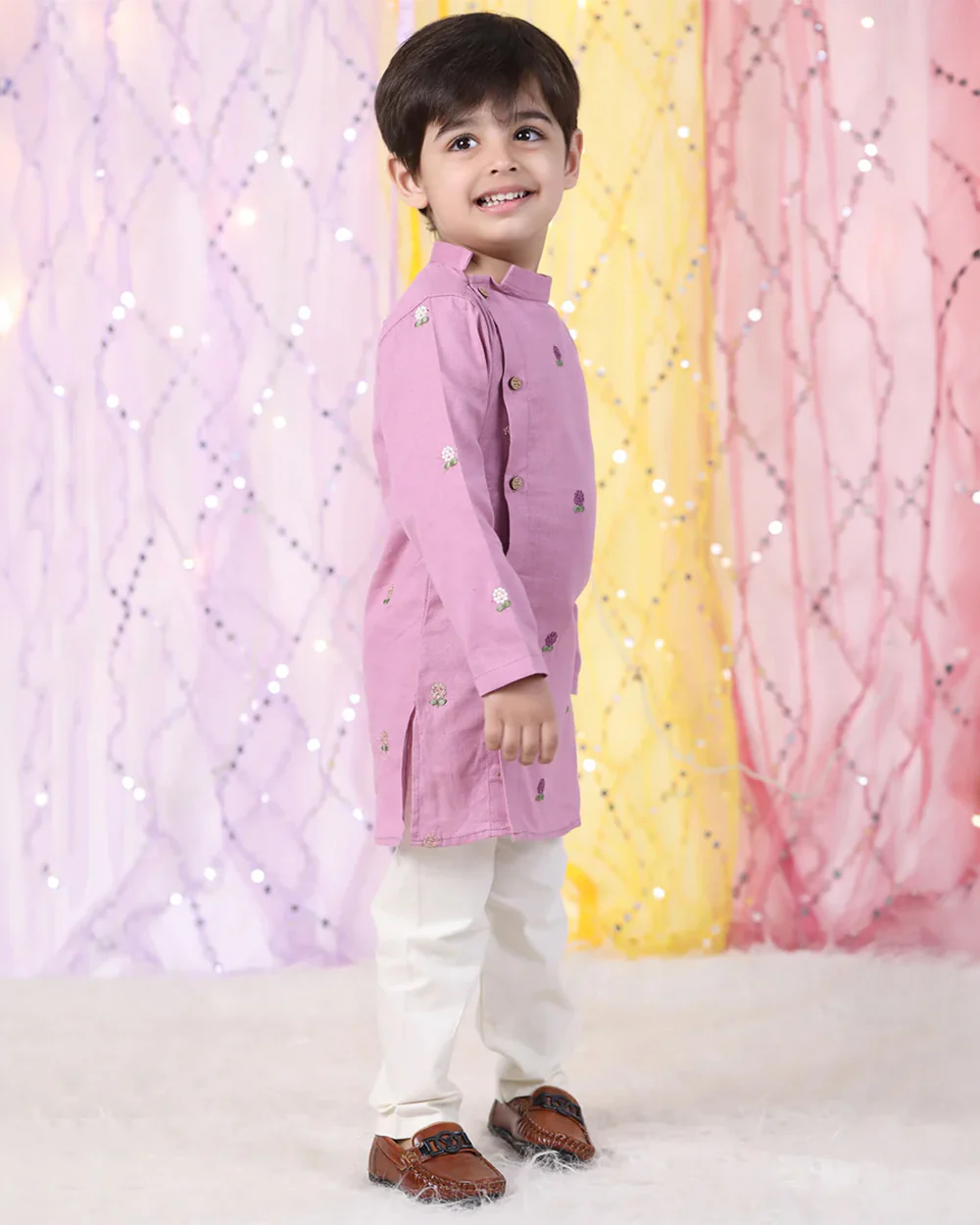 Polka Tots Lavender Kurta Pajama Set-Cotton-Embroidered-For Infants - Image 3