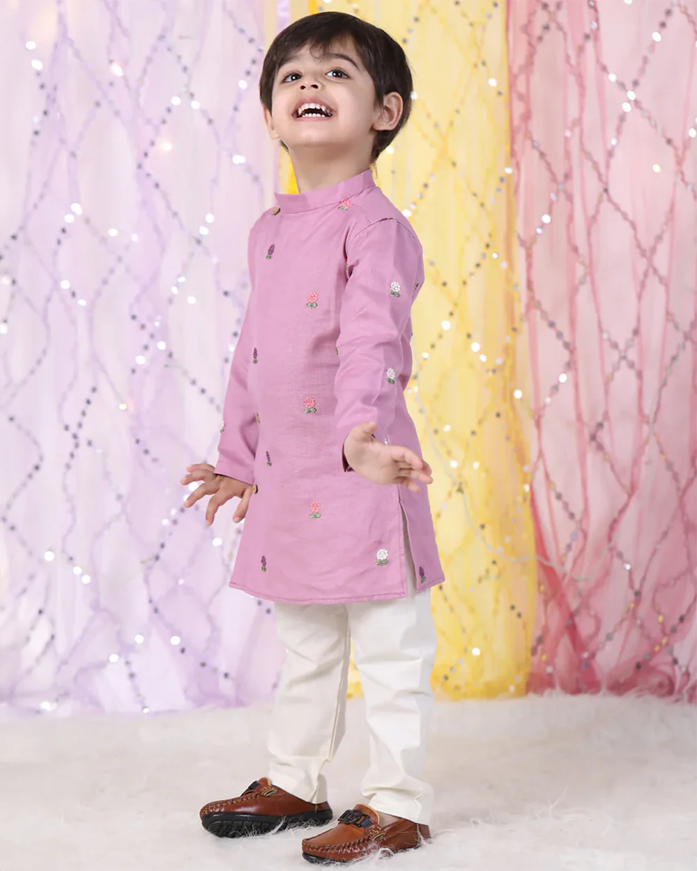 Polka Tots Lavender Kurta Pajama Set-Cotton-Embroidered-For Infants - Image 7