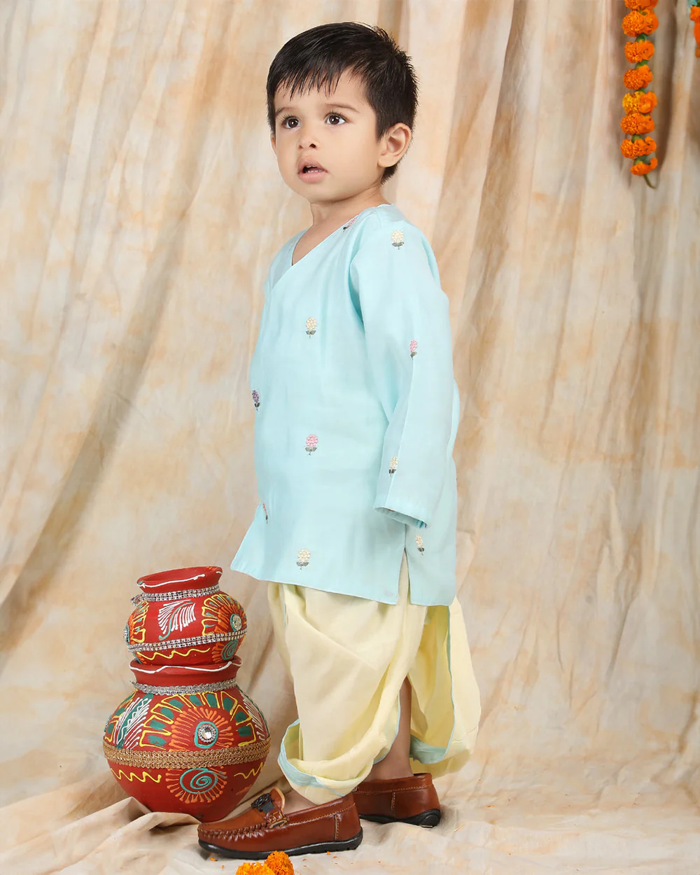 Polka Tots Light Blue & Cream-Angrakha Set-Flower Embroidered-Silk-For Infants - Image 4