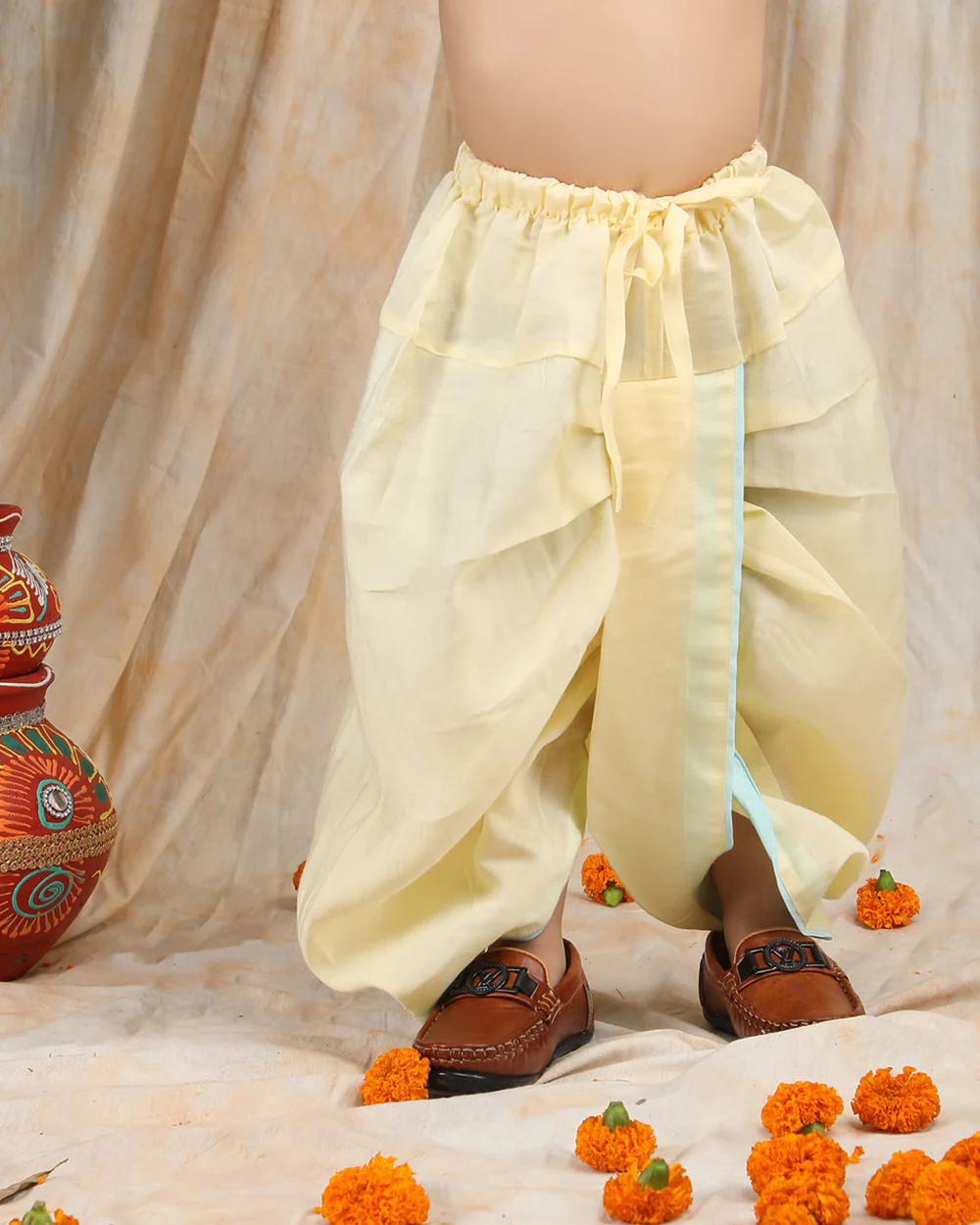 Polka Tots Light Blue & Cream-Angrakha Set-Flower Embroidered-Silk-For Infants - Image 5