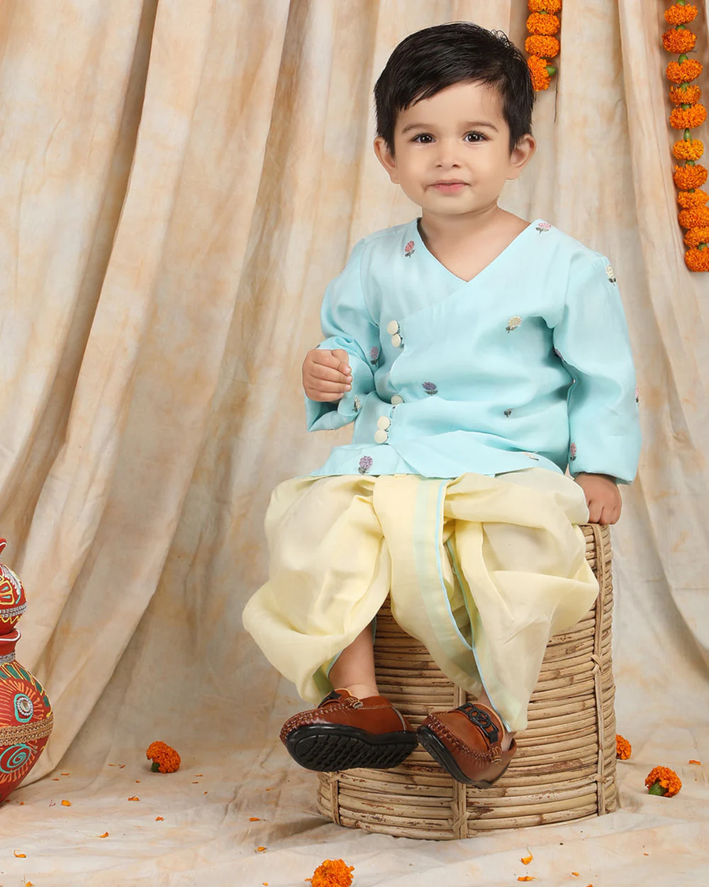 Polka Tots Light Blue & Cream-Angrakha Set-Flower Embroidered-Silk-For Infants - Image 7