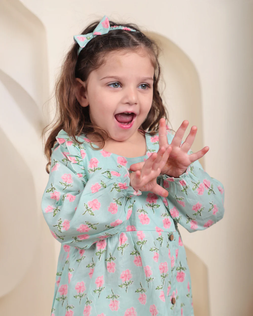 Polka Tots Light Blue Frock with Headband-Floral Print-Cotton-For Infants - Image 6