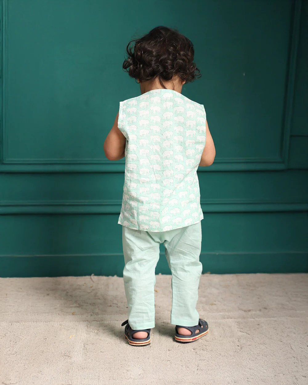 Polka Tots Light green Jhabla Set-Elephant Print-Cotton-For Infants - Image 2