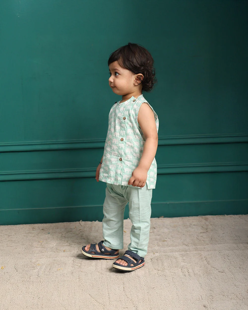 Polka Tots Light green Jhabla Set-Elephant Print-Cotton-For Infants - Image 3