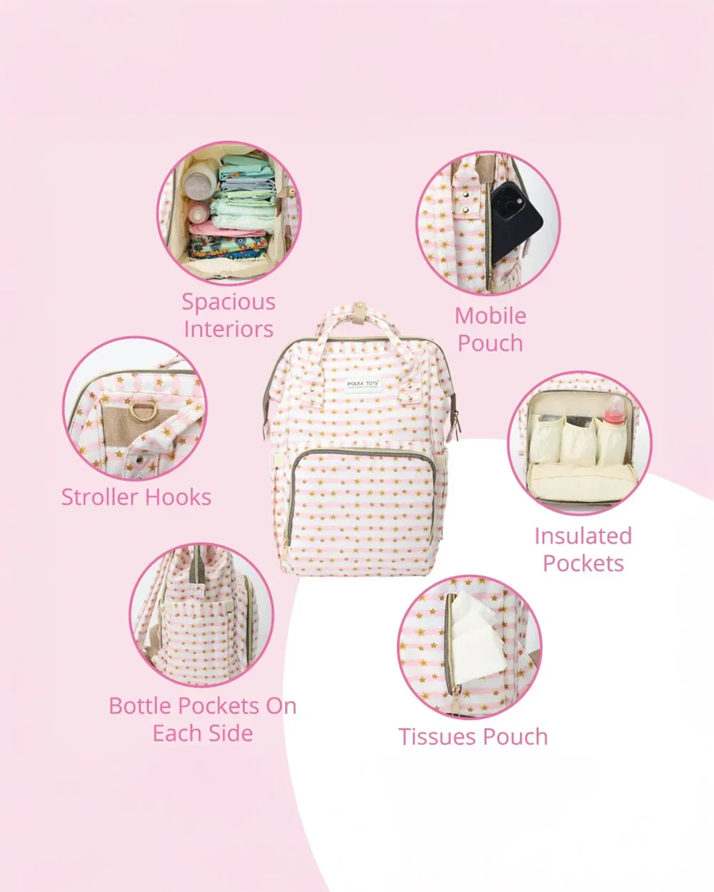 Polka Tots Multi-functional Diaper Bag-Backpack-With Pouch & Stroller Hooks-Star - Image 6