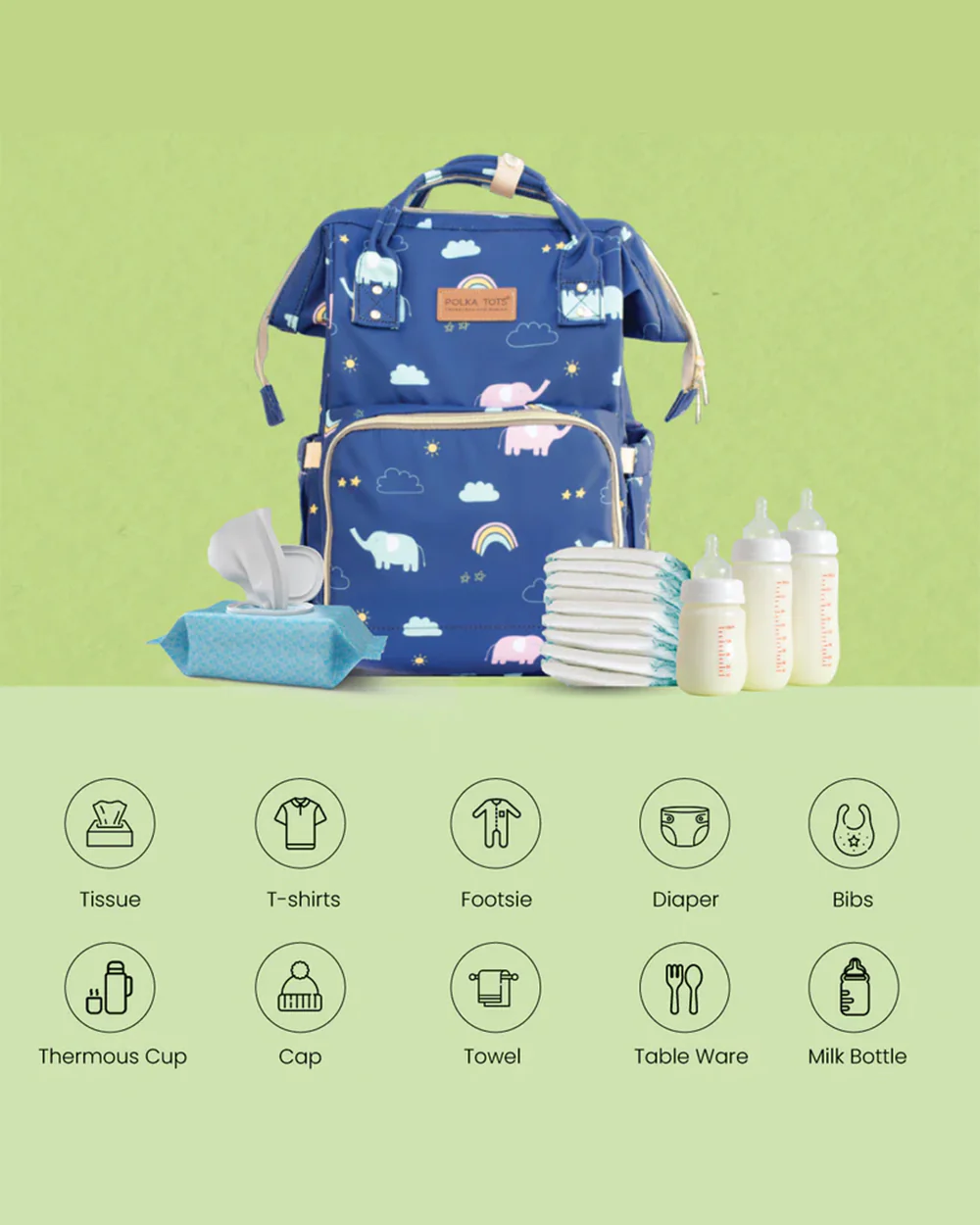 Polka Tots Multi-functional Diaper Bag-Backpack-With Stroller Hooks-Blue Elephant - Image 7