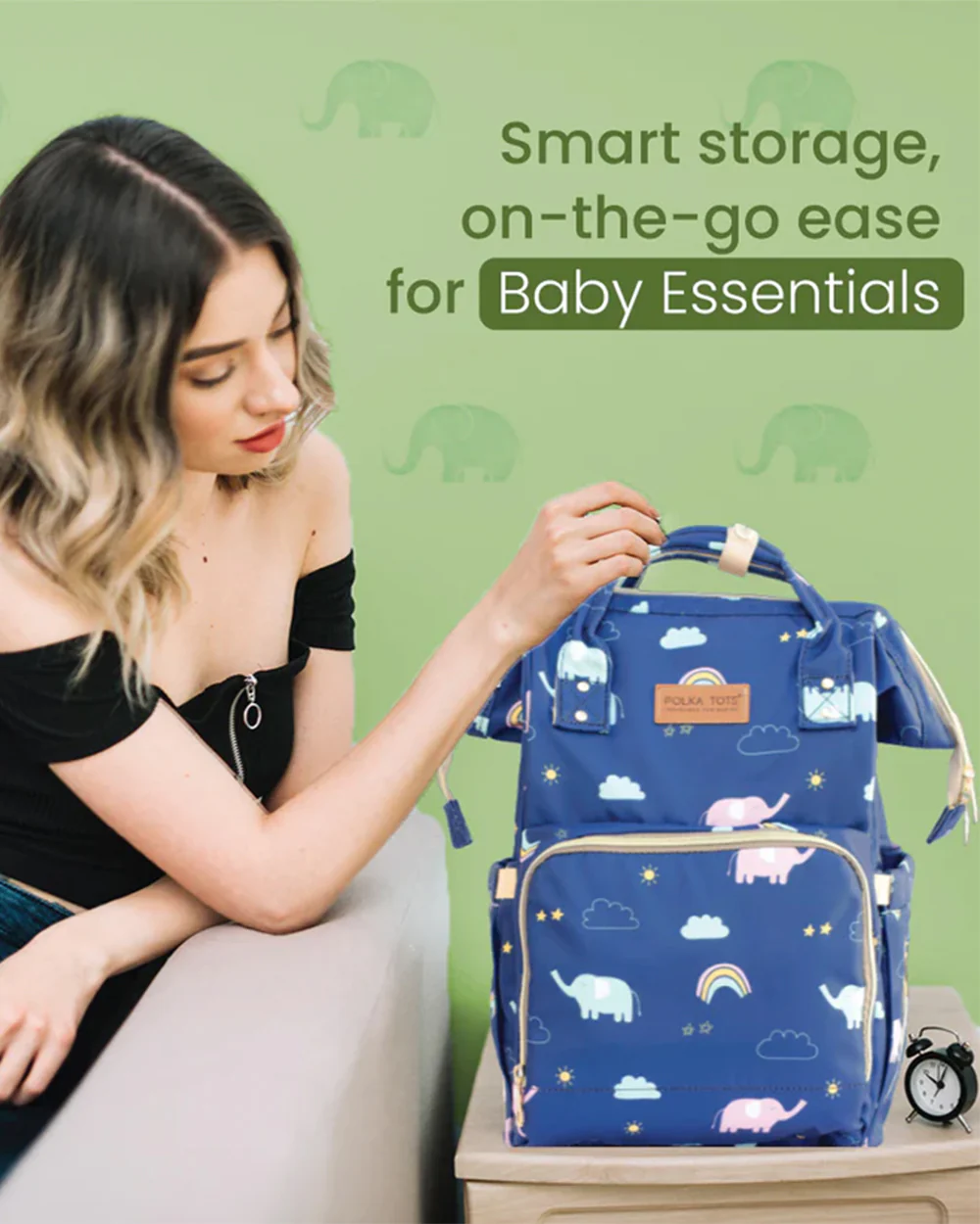 Polka Tots Multi-functional Diaper Bag-Backpack-With Stroller Hooks-Blue Elephant - Image 8