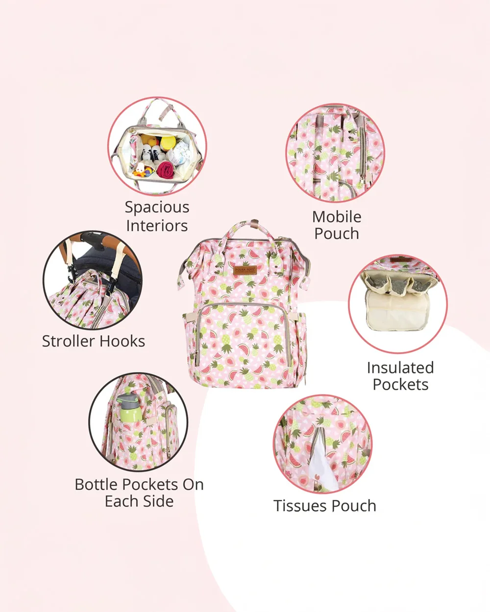 Polka Tots Multi-functional Diaper Bag-Backpack-With Stroller Hooks-Watermelon - Image 3