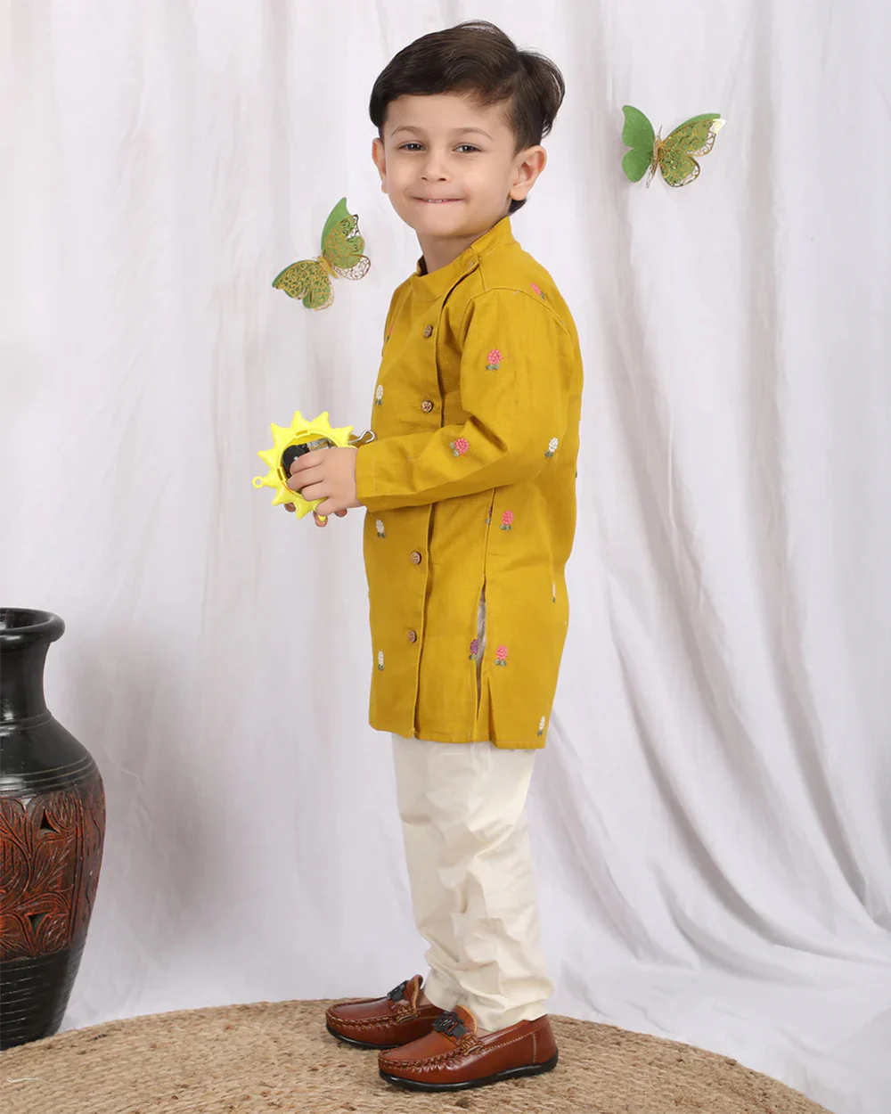 Polka Tots Mustard Kurta Pajama Set-Cotton-Embroidered-For Infants - Image 3