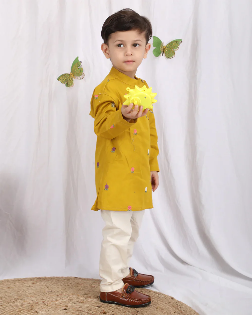 Polka Tots Mustard Kurta Pajama Set-Cotton-Embroidered-For Infants - Image 4