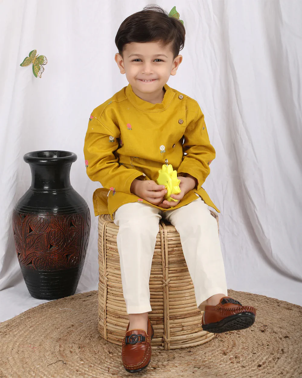 Polka Tots Mustard Kurta Pajama Set-Cotton-Embroidered-For Infants - Image 7