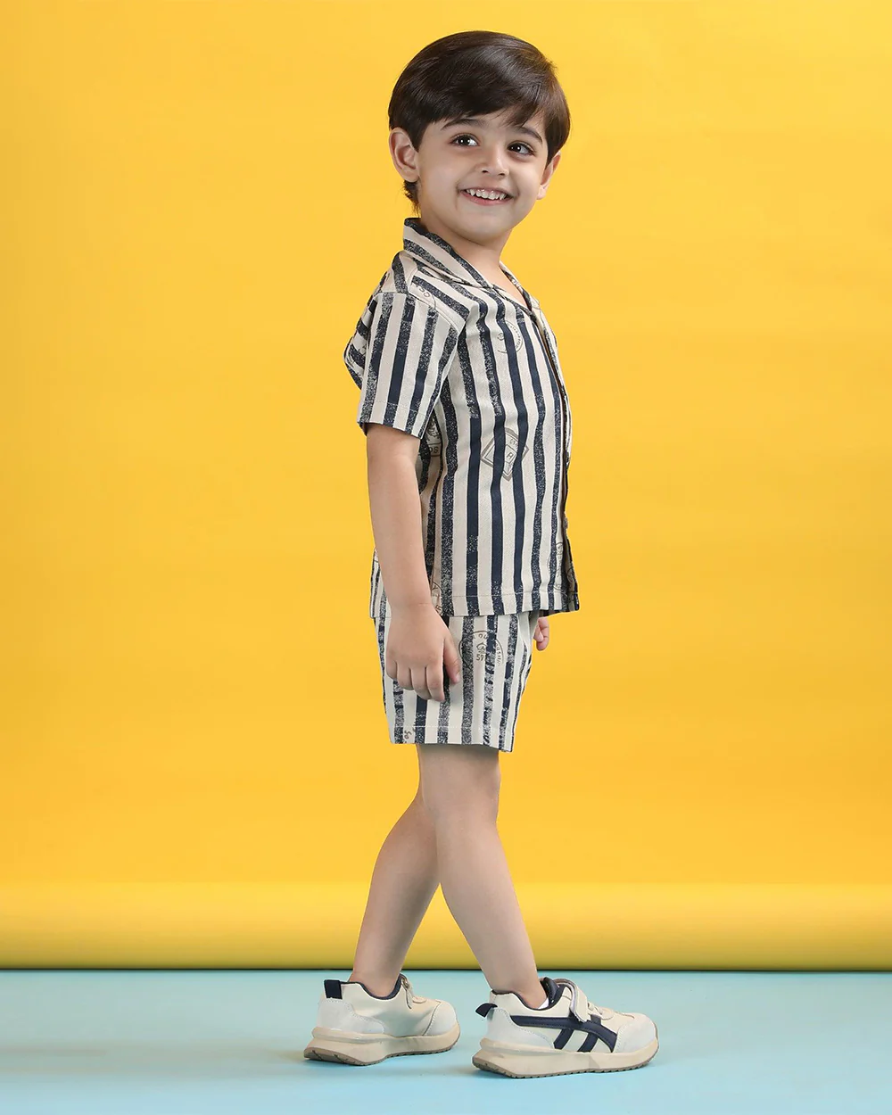 Polka Tots Navy Blue & White Shirt & Shorts Set-Striped-Cotton-For Infants - Image 3