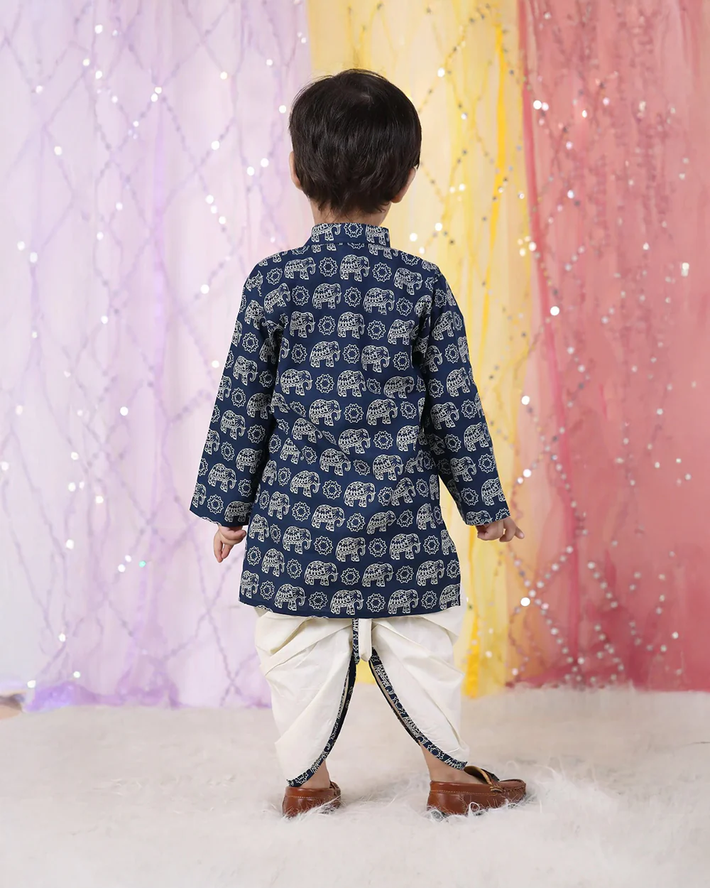 Polka Tots Navy Blue Kurta Dhoti Set-Elephant print-Cotton-For Infants - Image 2