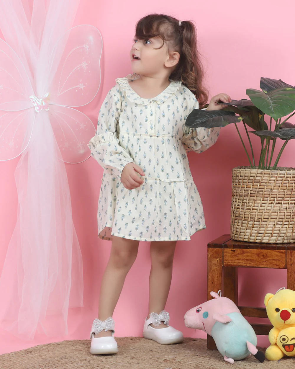 Polka Tots Off White-Frock Dress-Floral Print-Cotton Muslin-For Infants - Image 4