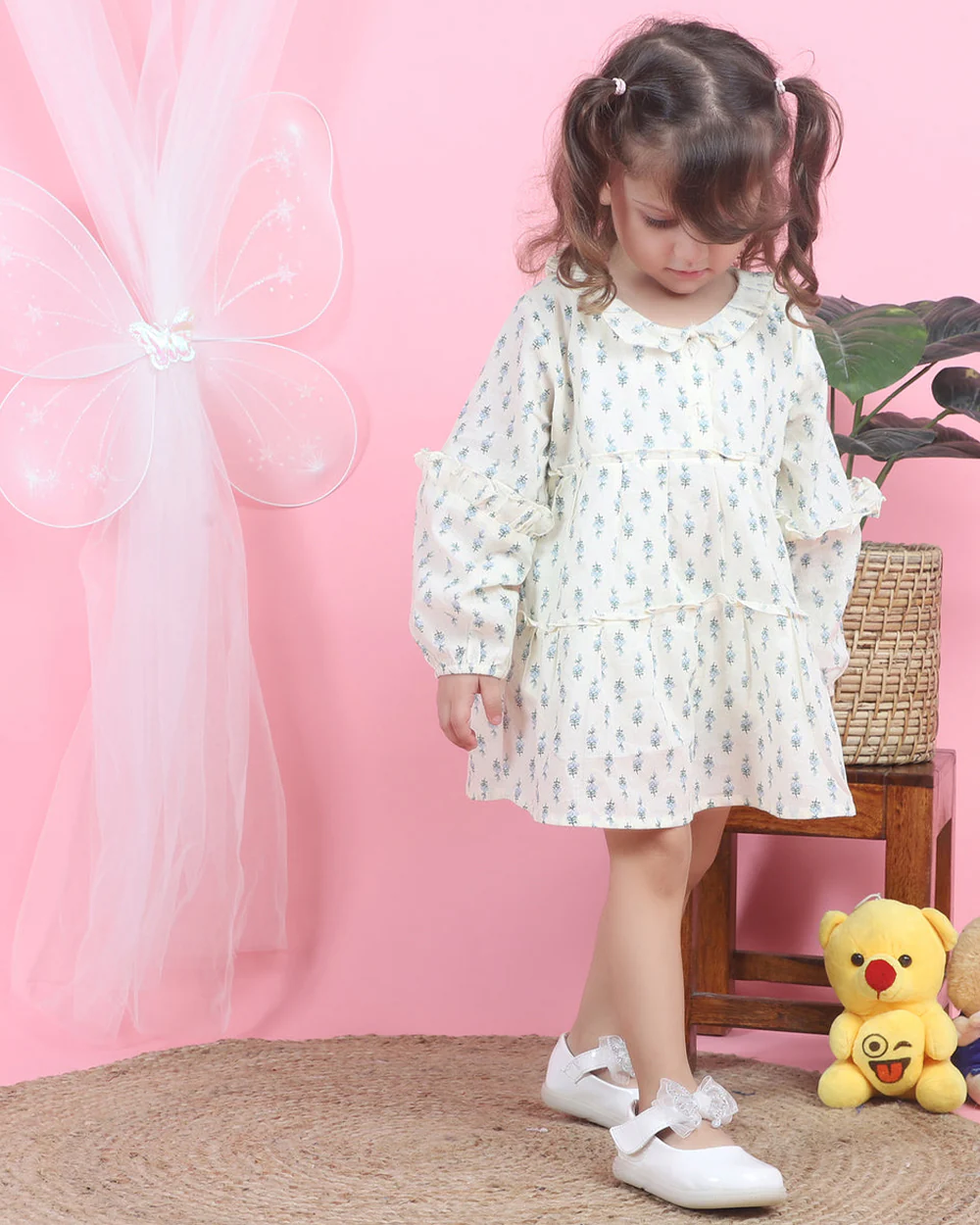 Polka Tots Off White-Frock Dress-Floral Print-Cotton Muslin-For Infants - Image 5
