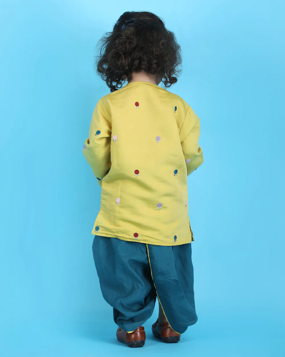 Polka Tots Olive Green & Blue-Angrakha Set-Flower Embroidered-Silk-For Infants - Image 2