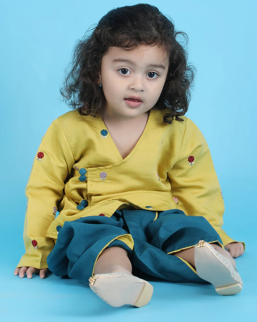 Polka Tots Olive Green & Blue-Angrakha Set-Flower Embroidered-Silk-For Infants - Image 6