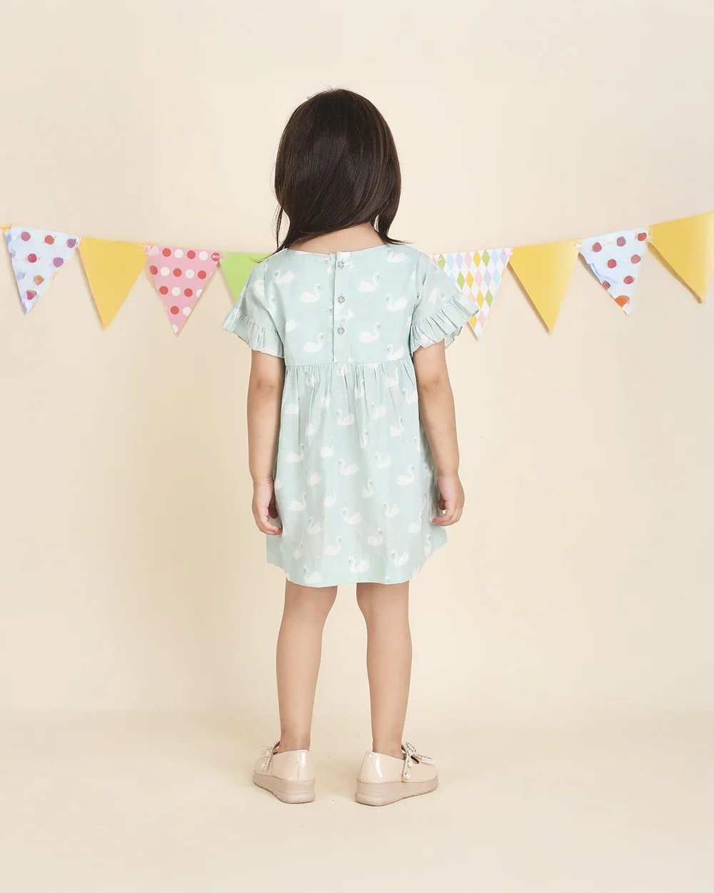 Polka Tots Pastel Green Frock with Headband-Swan Print-Cotton Muslin-For Infants - Image 2