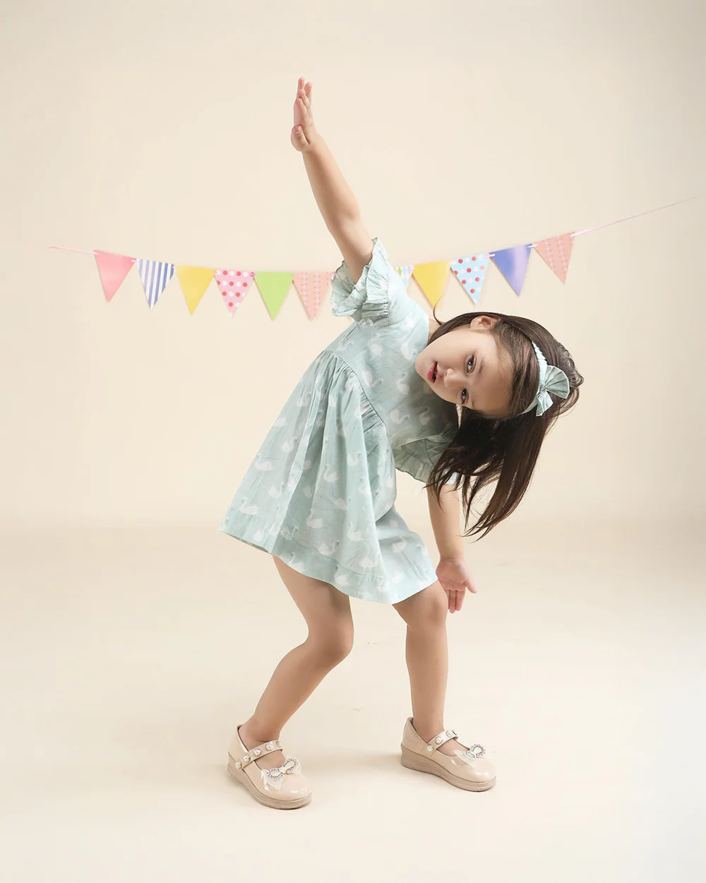 Polka Tots Pastel Green Frock with Headband-Swan Print-Cotton Muslin-For Infants - Image 3