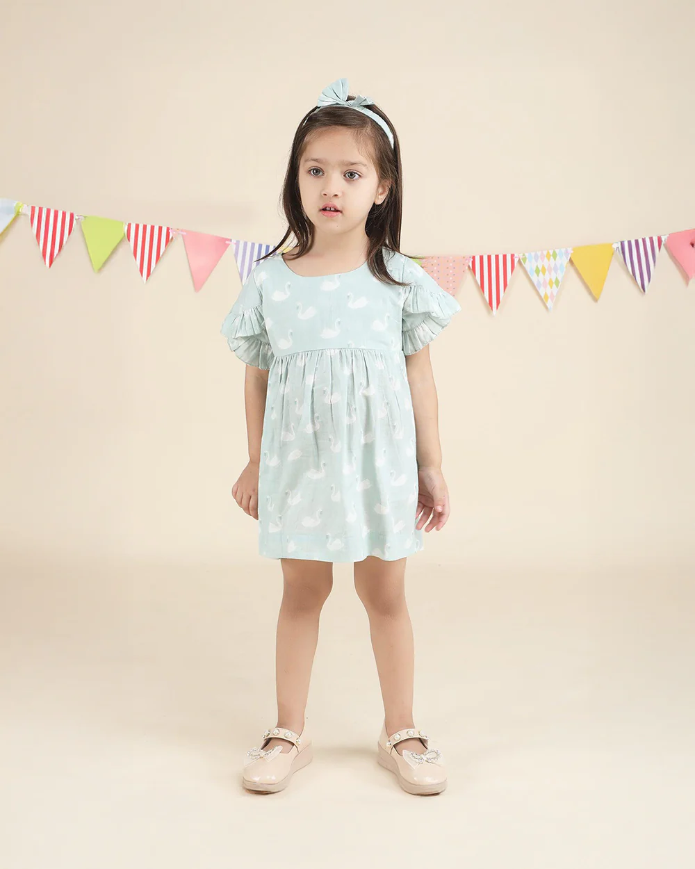 Polka Tots Pastel Green Frock with Headband-Swan Print-Cotton Muslin-For Infants - Image 4