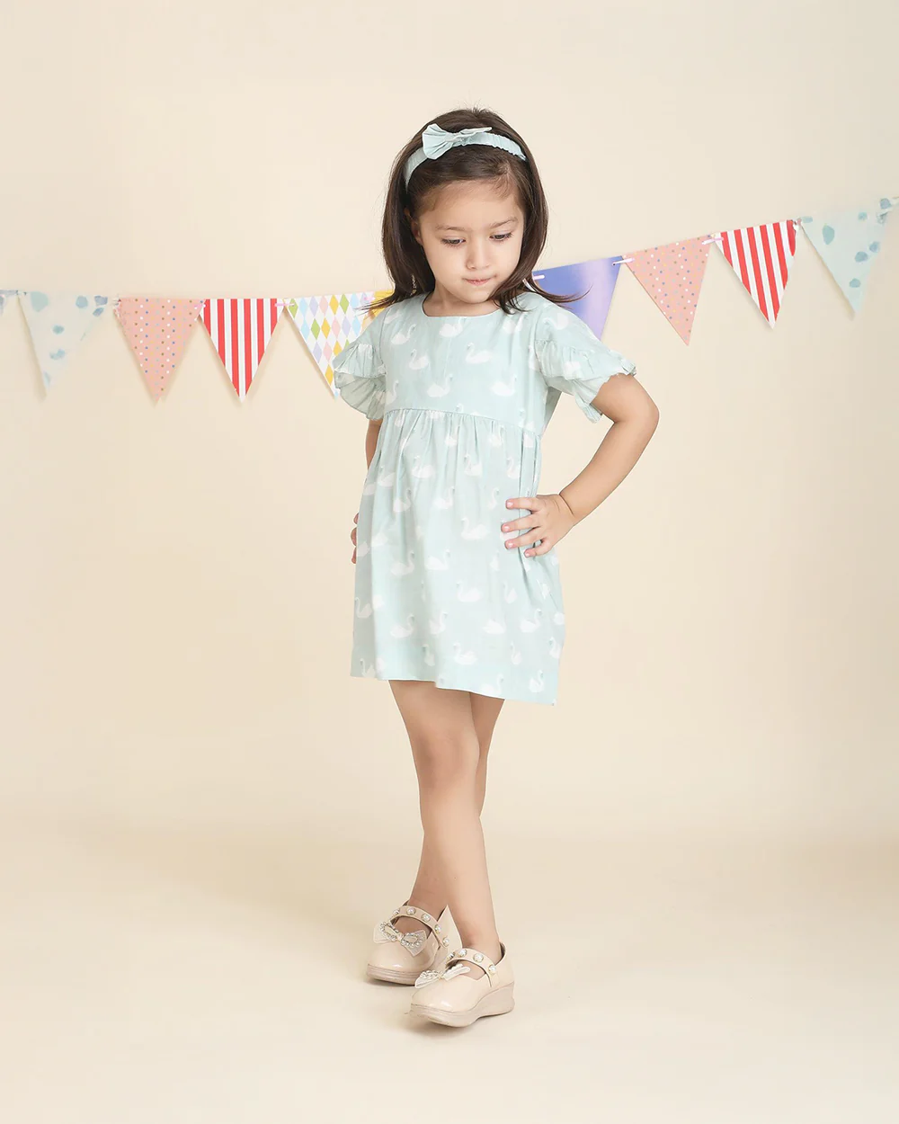 Polka Tots Pastel Green Frock with Headband-Swan Print-Cotton Muslin-For Infants - Image 5