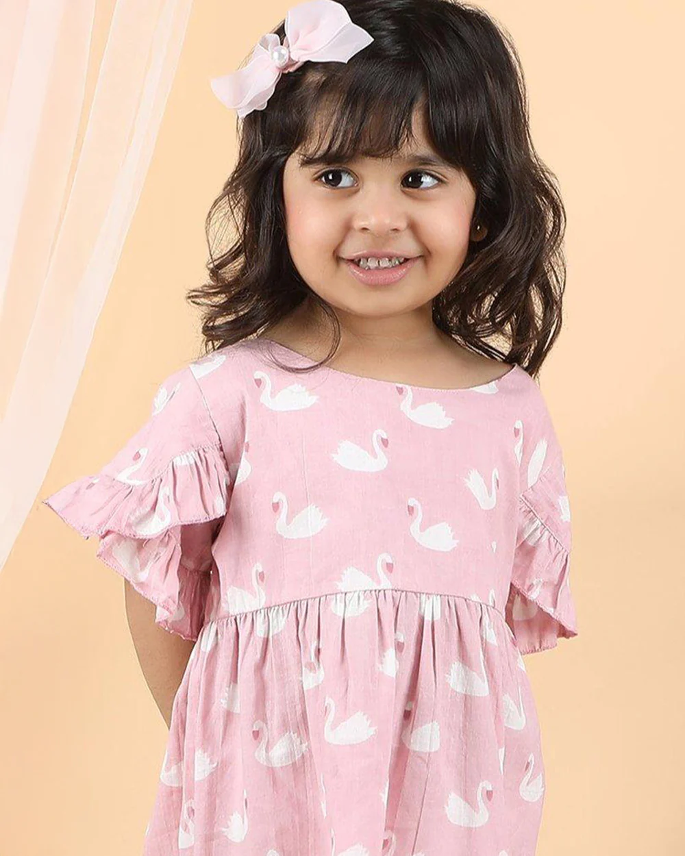 Polka Tots Pastel Pink Dress with Headband-Swan Print-Cotton Muslin-For Infants - Image 3
