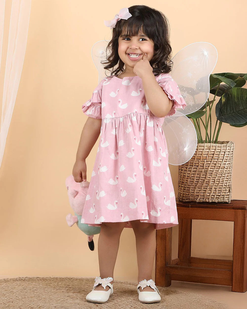 Polka Tots Pastel Pink Dress with Headband-Swan Print-Cotton Muslin-For Infants - Image 4