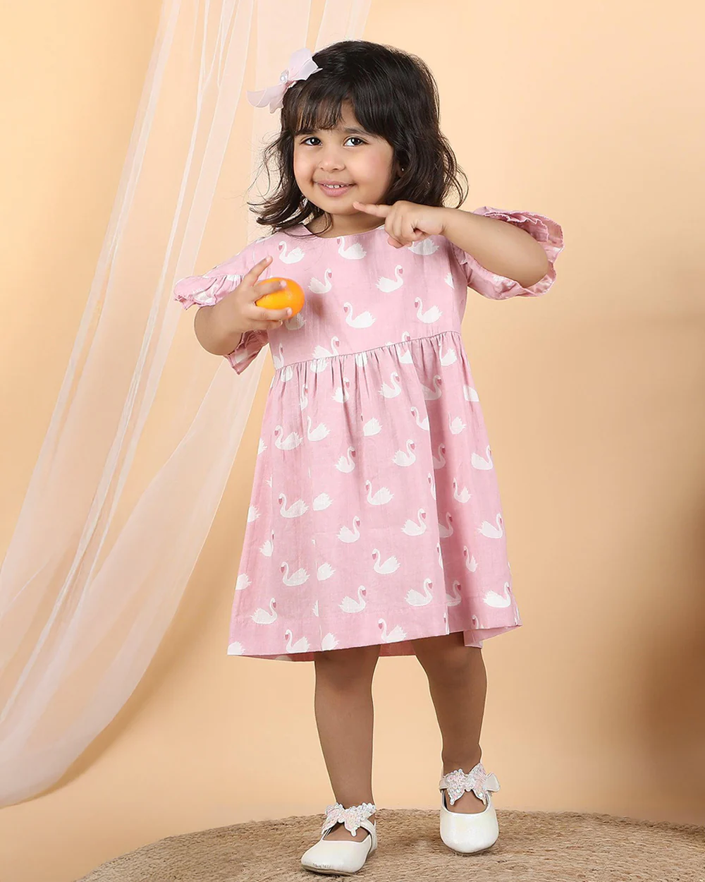 Polka Tots Pastel Pink Dress with Headband-Swan Print-Cotton Muslin-For Infants - Image 5