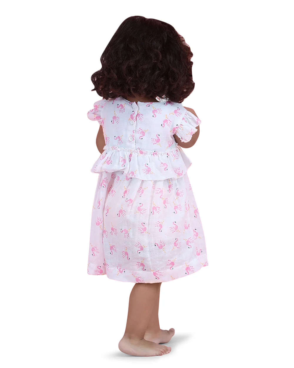 Polka Tots Pastel Pink & White Frock Dress-Flamingo Finger Print-Cotton Muslin-For Infants - Image 2