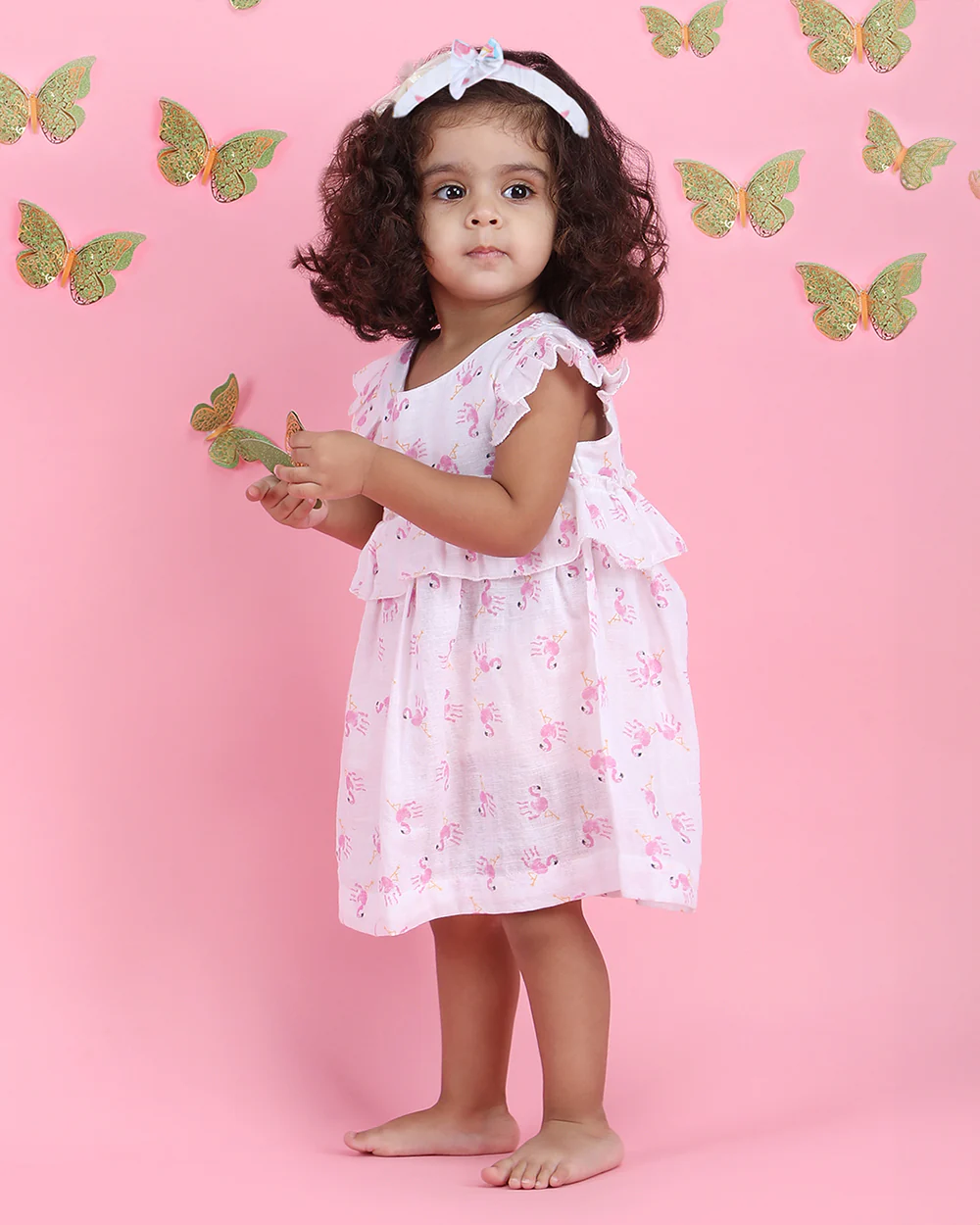 Polka Tots Pastel Pink & White Frock Dress-Flamingo Finger Print-Cotton Muslin-For Infants - Image 3