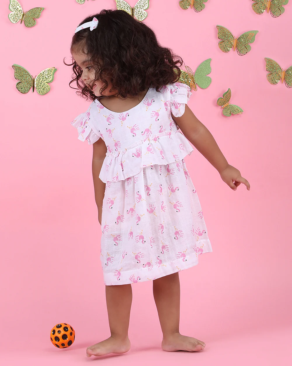 Polka Tots Pastel Pink & White Frock Dress-Flamingo Finger Print-Cotton Muslin-For Infants - Image 4