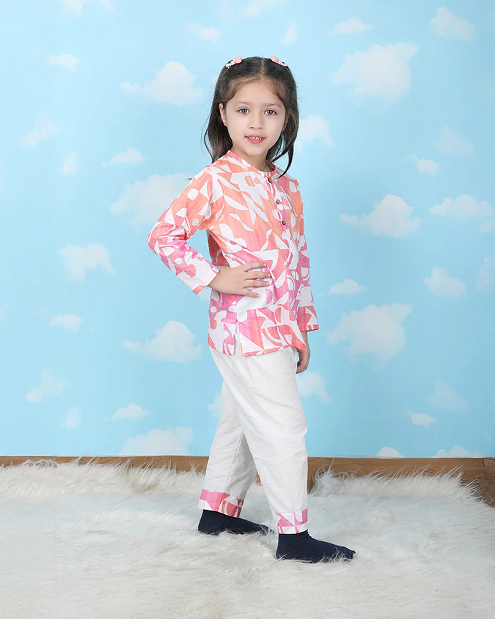 Polka Tots Peach Nightsuit-Geometric Print-Cotton-For Infants - Image 3