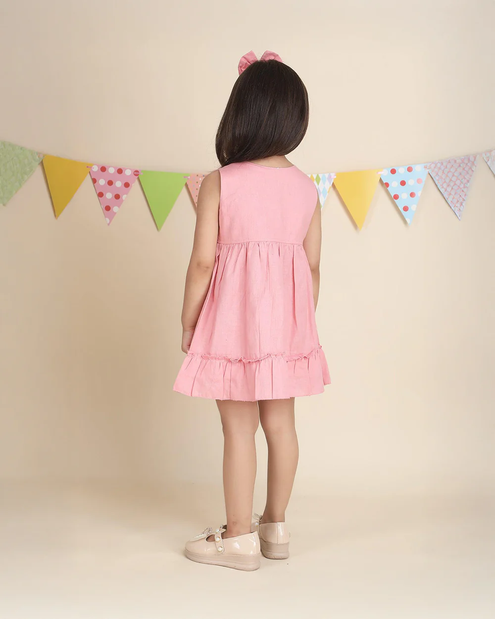 Polka Tots Pink Frock with Headband-Solid-Cotton Muslin-For Infants - Image 2