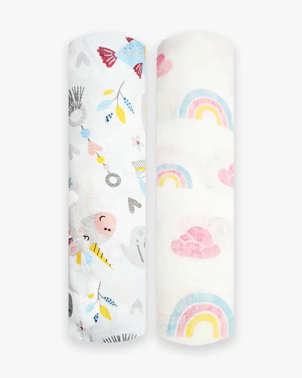 Polka Tots Rainbow Mist & Hello Baby Printed Swaddles-Organic Cotton Muslin-Infant Wraps-Pack of 2