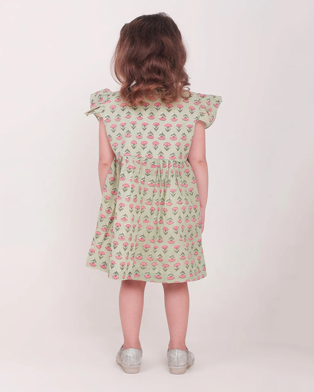 Polka Tots Sage Green Frock-Floral Print-Cotton Muslin-For Infants - Image 2
