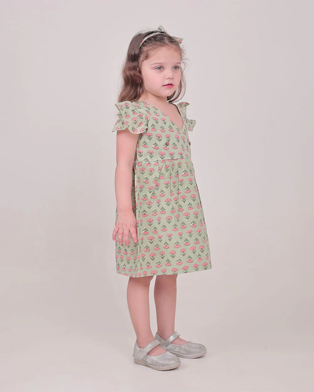 Polka Tots Sage Green Frock-Floral Print-Cotton Muslin-For Infants - Image 4
