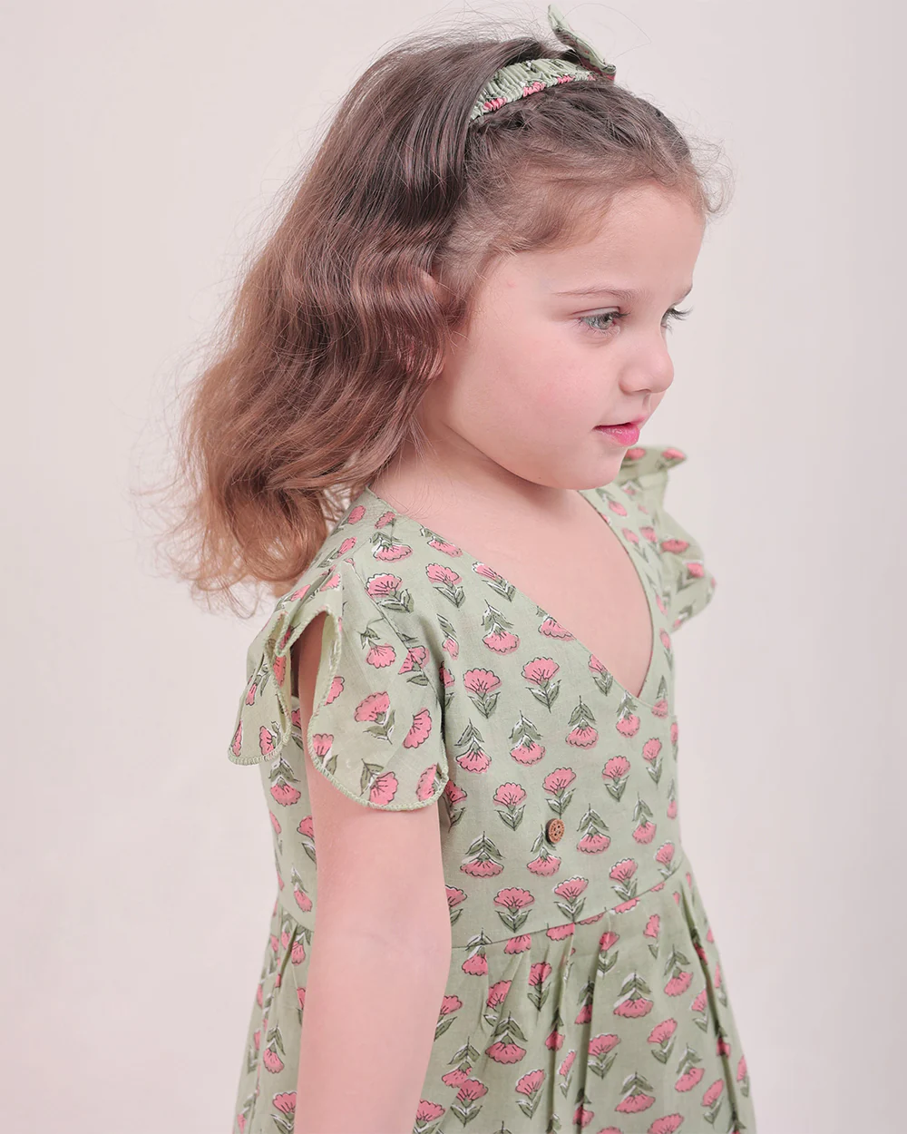 Polka Tots Sage Green Frock-Floral Print-Cotton Muslin-For Infants - Image 6