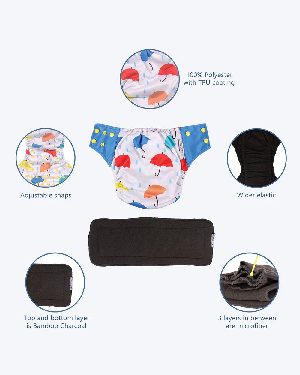 Polka Tots Umbrella Bamboo Charcoal Cloth Diaper-Padded Underwear With Insert-Washable & Reusable-2 to 24M - Image 3