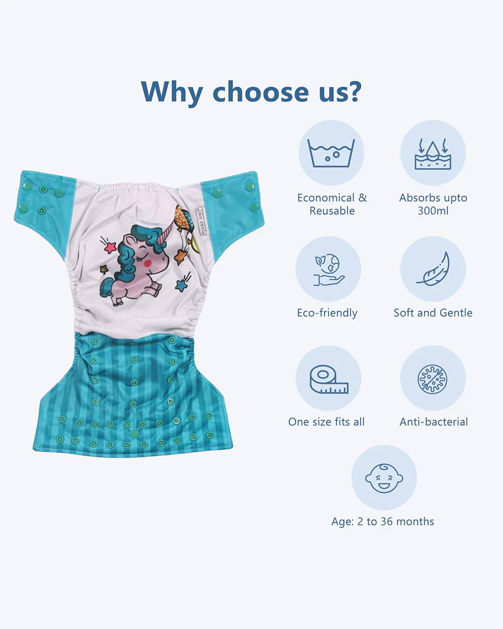 Polka Tots Unicorn Bamboo Charcoal Cloth Diaper-Padded Underwear With Insert-Washable & Reusable-2 to 24M - Image 4