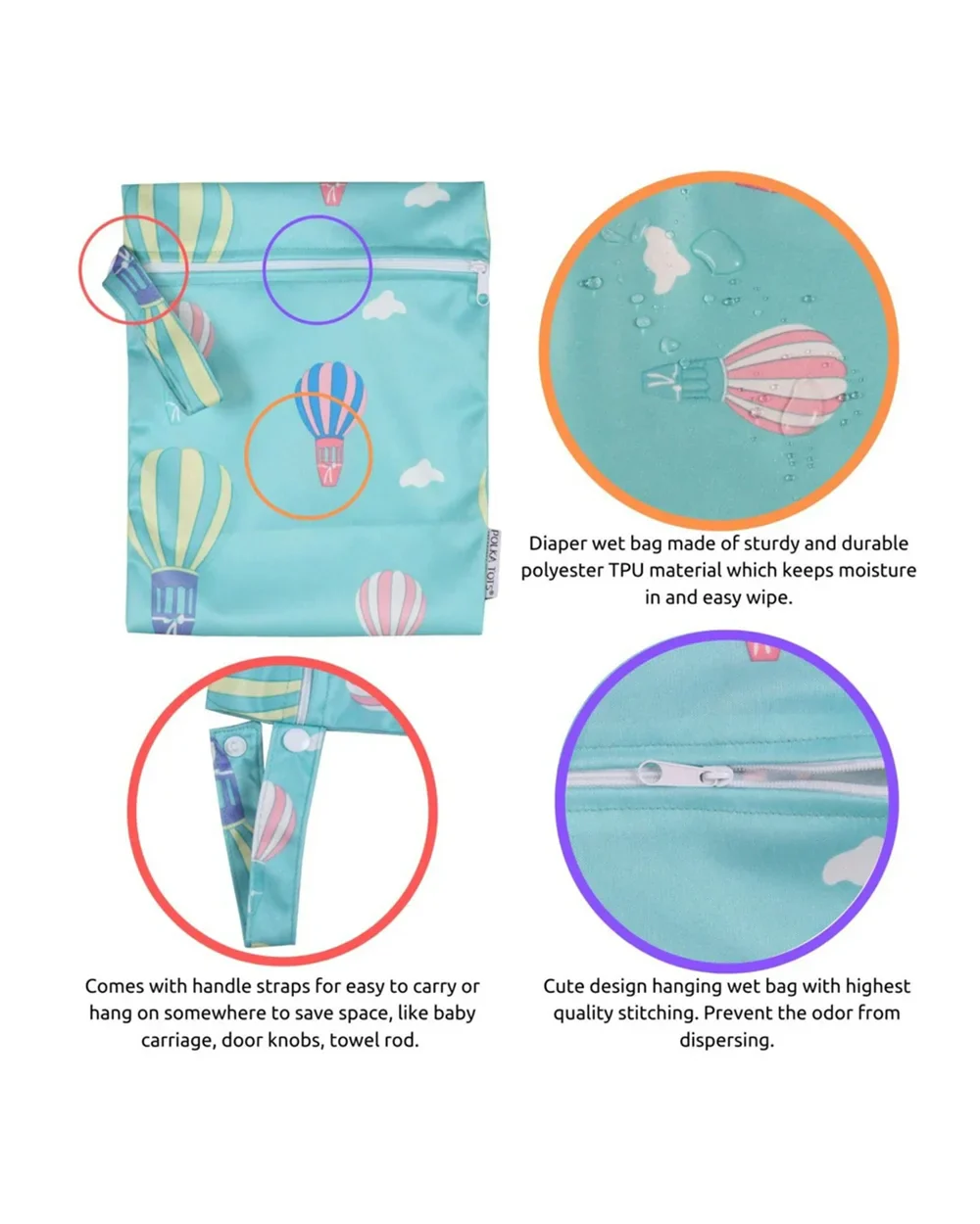 Polka Tots Waterproof & Reusable Baby Wet Bag-With Zipper-Air Balloon - Image 3