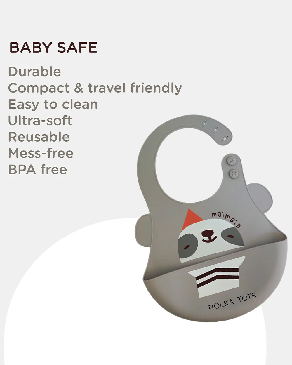 Polka Tots Waterproof Silicone Bib-Grey Sloth-Adjustable Snap Button-Crumb Catcher-For Feeding Infants - Image 2