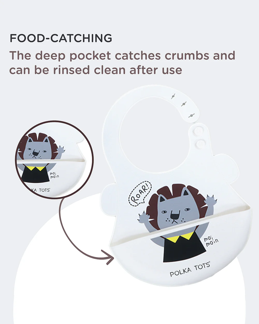 Polka Tots Waterproof Silicone Bib-White Lion-Adjustable Snap Button-Crumb Catcher-For Feeding Infants - Image 4
